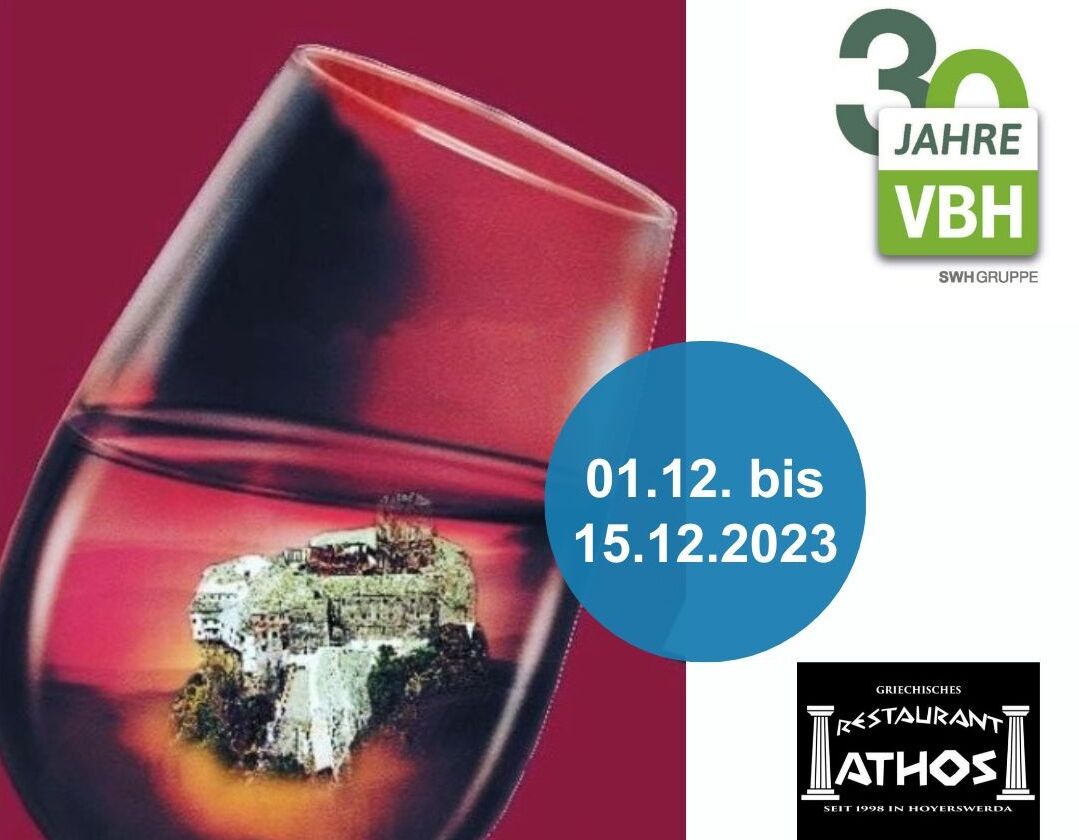Bild mit Weinglas zu 30 Jahren VBH Aktion mit dem Griechischem Restaurant Athos. Der Zeitraum gilt vom 01.12. bis 15.12.2023.