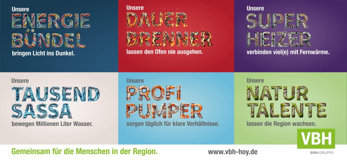 Die Sparten von VBH sind dargestellt - Energiebündel, Dauerbrenner, Superheizer, Tausendsassa, Profipumper und Naturtalente